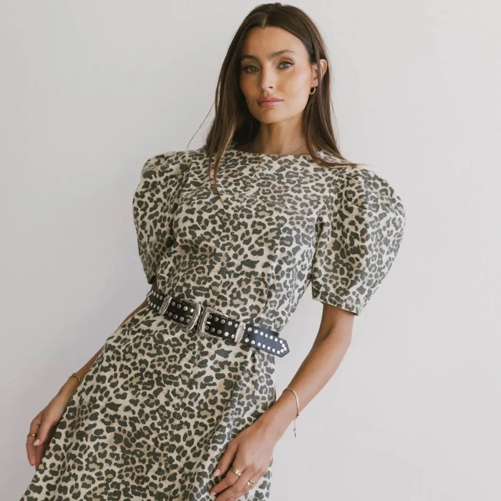 Bohme Boutique Campbell Denim Dress in Leopard Print  - XS Modest